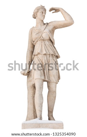 Sculpture of the ancient Greek god Artemis in the snow, in the ancient Greek religion and myth, is the goddess of the hunt, the wilderness, wild animals, the Moon, and chastity, isolate Royalty-Free Stock Photo #1325354090
