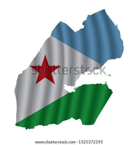 Djibouti map with rippled flag on white illustration. Waving Fabric Flag Map of Djibouti. Map of Africa. Vector White Background. Vector illustration eps10.
