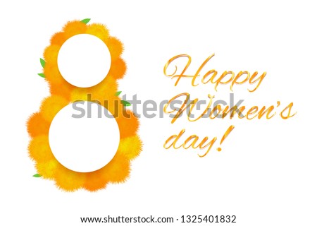 Horizontal greeting card 8 march - womens day with yellow dandelion and green leaves on white background.  Number 8  made of flowers. Vector card for your design.