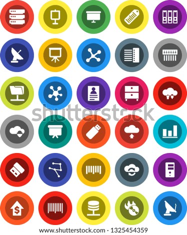 White Solid Icon Set- presentation vector, archive, personal information, graph, dollar growth, binder, board, barcode, music hit, social media, network, folder, server, cloud shield, exchange, hub