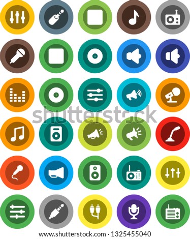 White Solid Icon Set- music vector, disk, microphone, radio, speaker, loudspeaker, settings, equalizer, forward button, backward, rca, jack
