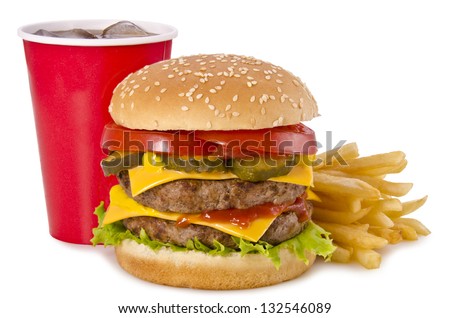 Double cheeseburger, french fries and cola on a white background. Front view.