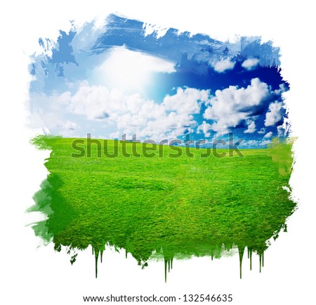 Hand painting beautiful green grass against a blue sunny sky