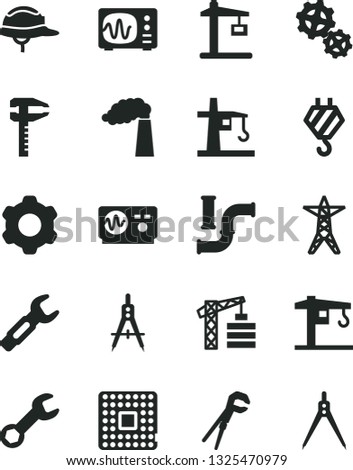 Solid Black Vector Icon Set - crane vector, tower, hook, cogwheel, adjustable wrench, helmet, water pipes, manufacture, power line, gears, Construction, processor, Measuring compasses, calipers
