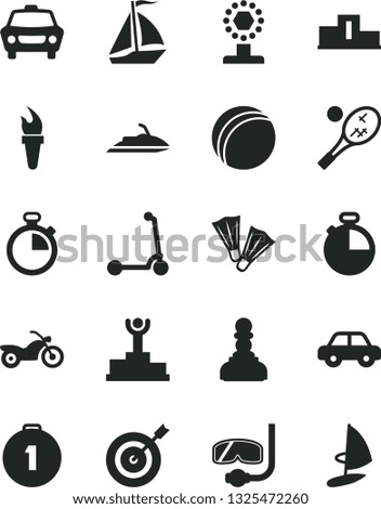 Solid Black Vector Icon Set - stopwatch vector, bath ball, motor vehicle, child Kick scooter, timer, car, flame torch, pedestal, winner podium, cup, pawn, target, first place medal, sail boat
