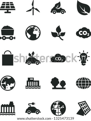 Solid Black Vector Icon Set - sign of the planet vector, paper bag, solar panel, leaves, leaf, windmill, hydroelectric station, hydroelectricity, trees, eco car, environmentally friendly transport