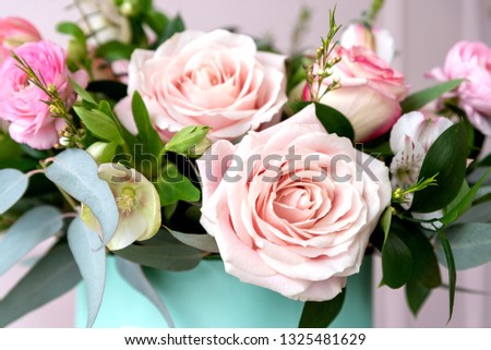 Close up of beautiful bouquet of flowers in a box 
