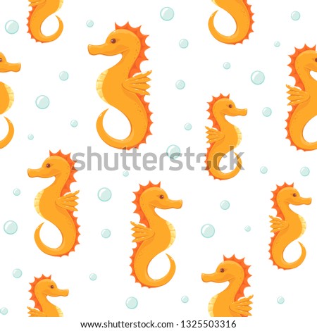 Seamless pattern with orange seahorse isolated on white background, illustration.
