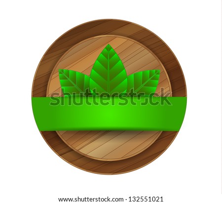 Raster green leaves wooden badge
