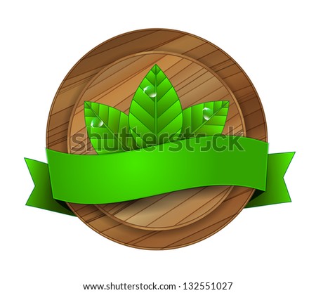 Raster wooden badge with green leaves and ribbon