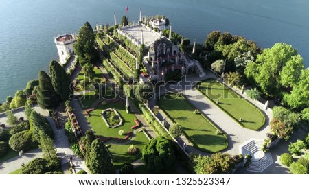 Aerial picture of Isola Bella garden it is one of the Borromean Islands of Lago Maggiore in north Italy and is divided between the Palace its Italianate park and a small fishing village