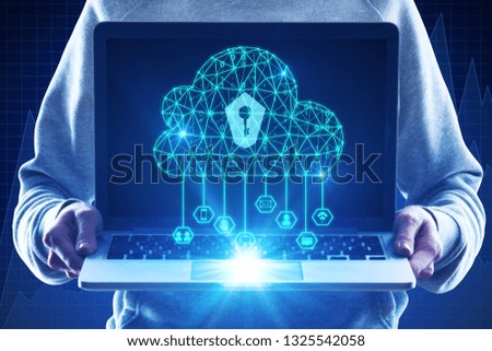 Hands holding laptop with glowing polygonal cloud and keyhole. Cloud computing and web safety concept. Double exposure 
