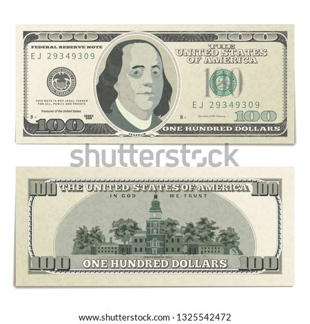 FAKE one hundred USA dollars banknote, front and back detailed coupure isolated on white Royalty-Free Stock Photo #1325542472