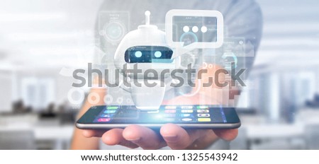 View of Businessman holding Chatbot with binary code, message and data 3d rendering Royalty-Free Stock Photo #1325543942
