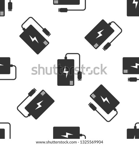Grey Power bank with different charge cable icon isolated seamless pattern on white background. Portable charging device. Vector Illustration