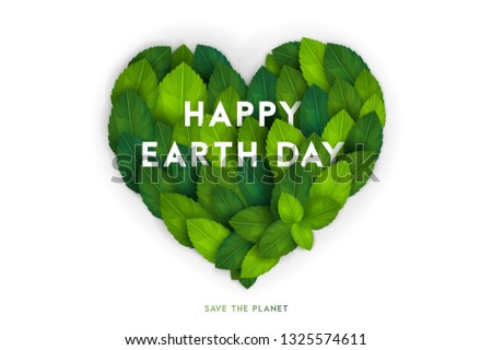 Happy Earth Day card, banner or flyer concept. Bright fresh 3d realistic green leaves in heart shape isolated on white background. Vector illustration