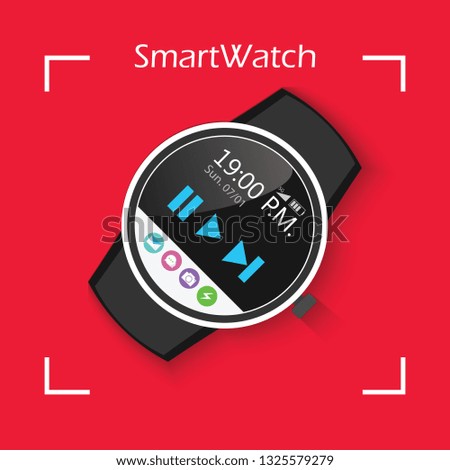 Luxury smartwatch wearable with apps icon on the screen concept. Realistic design with trendy looks. Isolated in red background. Vector illustration.