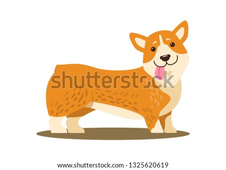 Dog with sticked out pink tongue and smile, domestic pet of friendly mood and cute ears, with shadow, raster illustration isolated on white background