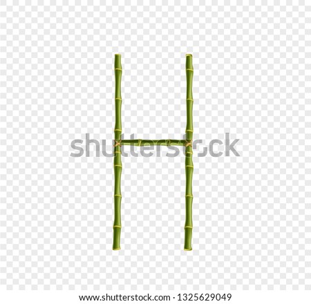 Vector bamboo alphabet. Capital letter H made of realistic green bamboo sticks poles isolated on transparent background. Abc concept for creating words, text, advertising, message.