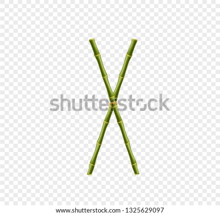 Vector bamboo alphabet. Capital letter X made of realistic green bamboo sticks poles isolated on transparent background. Abc concept for creating words, text, advertising, message.