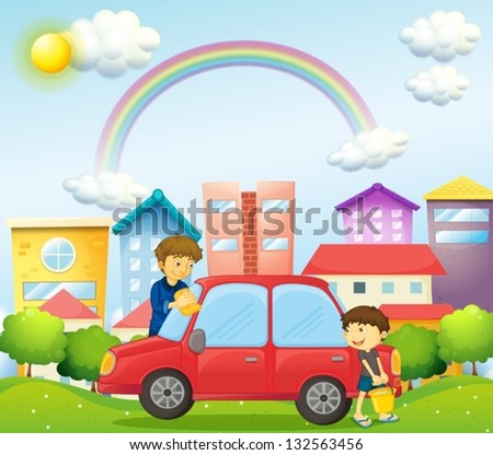 Illustration of a father and son cleaning the red car