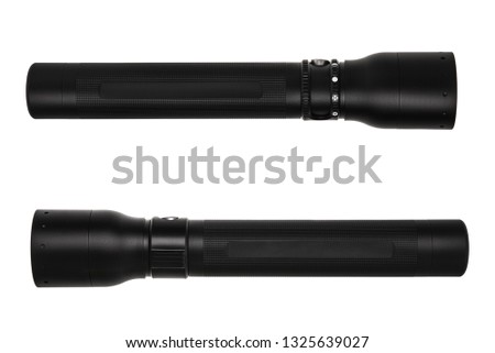 modern black metal flashlight isolated on white background