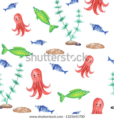 Seamless pattern inhabitants of the underwater world of fish octopus algae on white background. Suitable for textiles, posters, children's room