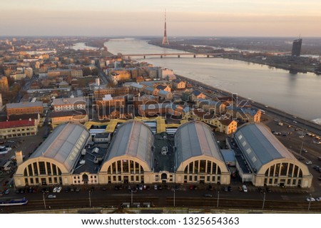 Aerial View of the Riga Central Market - Europe's largest bazar using old German Zeppelin hangars