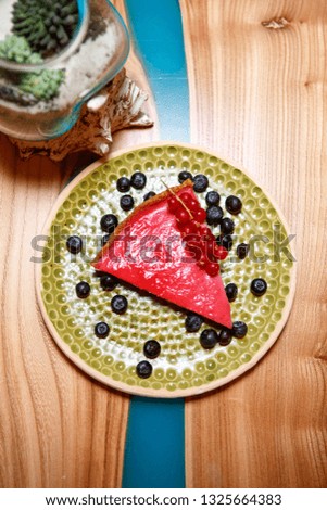 Vegan cheesecake with fruits and berries background. Vegan menu