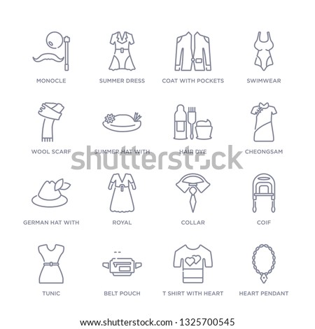 set of 16 thin linear icons such as heart pendant, t shirt with heart, belt pouch, tunic, coif, collar, royal from fashion collection on white background, outline sign icons or symbols