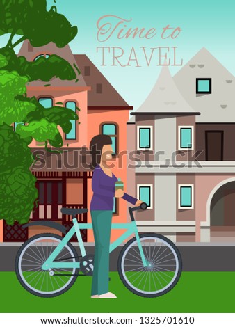 Woman travels riding bicycle poster vector illustration. Healthy lifestyle, outdoor activities. Time to travel concept. Female character girl with bottle of water and city background.