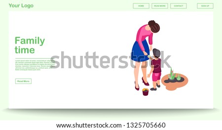 Family time web page vector template with isometric illustration. Mother and son doing gardening. Website interface design. Family leisure and entertainment activity 3d concept. Isolated clipart