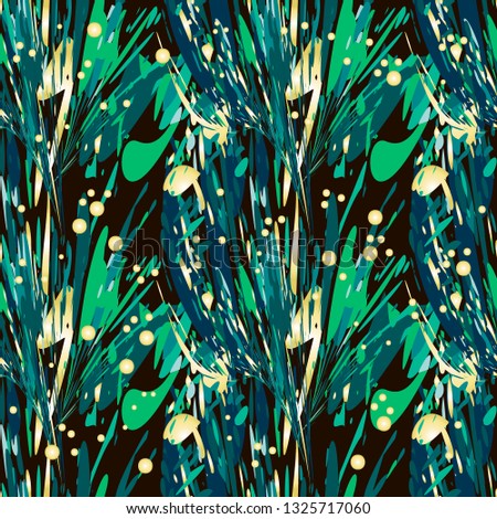 Art vector seamless pattern. Abstract palm leaves and gold beads on black background. Template for design, textile, wallpaper, wrapping, cover page, web site, card, carton, print, banner.