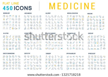 Collection of vector line icons of medicine. Surgery, dentistry, invitro, aids, cancer, check up, orthodontics, biology, vet, clinic, education. Set of flat signs and symbols for web and apps.