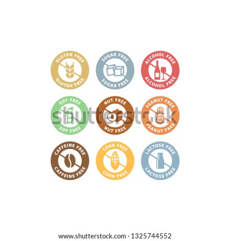 Sugar, alcohol, peanut free colorful circle label set. Food ingredients lactose, gluten free badge stamp set in color.