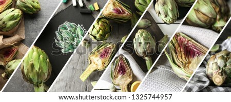 Collage of photos with tasty artichokes