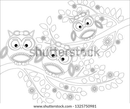 Coloring book for adult and older children. Coloring page with cute owl and floral frame. Outline drawing in zentangle style.