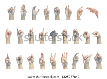 hands collection of hands are show symbol gesture that A-Z  isolated on white background