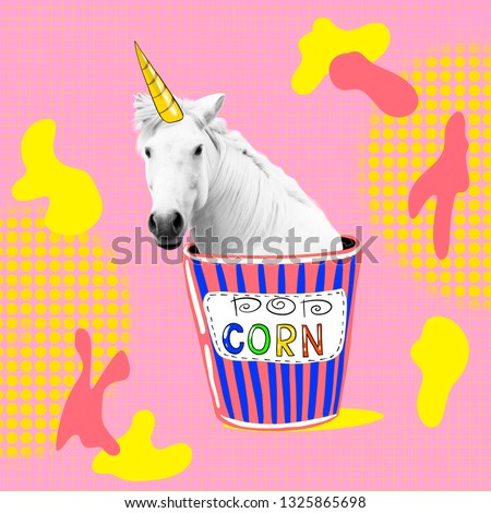 Unicorn loves popcorn Contemporary art collage. Funny Fast food minimal project