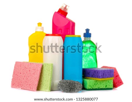 Bottles with cleaning products and detergents on a white isolated background. cleaning. cleaning products