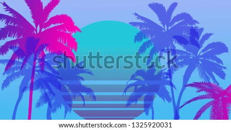 Palms silhouettes at neon sunset sky. Vector futuristic synthwave/ vaporwave style illustration. Rave party Flyer design template in 1980s style, aesthetics of retro futurism.