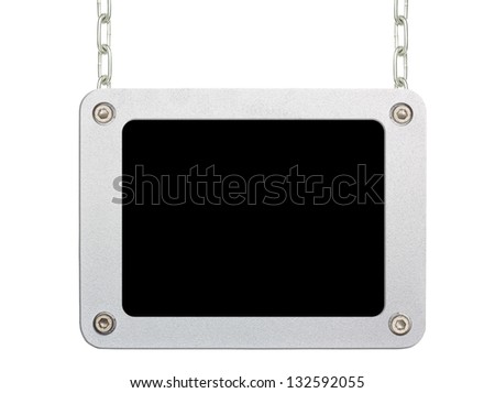 metallic frame picture hanging by chains on isolated white background