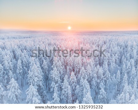 Magnificent colorful sunrise in the winter landscape of Lapland, Finland Royalty-Free Stock Photo #1325935232