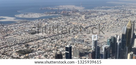 Aerial view on Dubai from a high perspective taken in early 2019