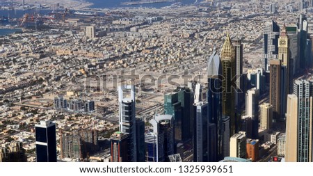Aerial view on Dubai from a high perspective taken in early 2019