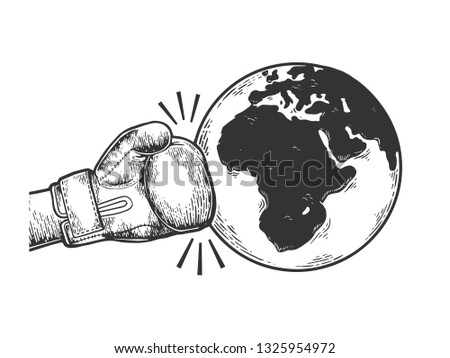 Hand in boxing glove hits Earth planet engraving. Apocalyptic war metaphor. Scratch board style imitation. Black and white hand drawn image.