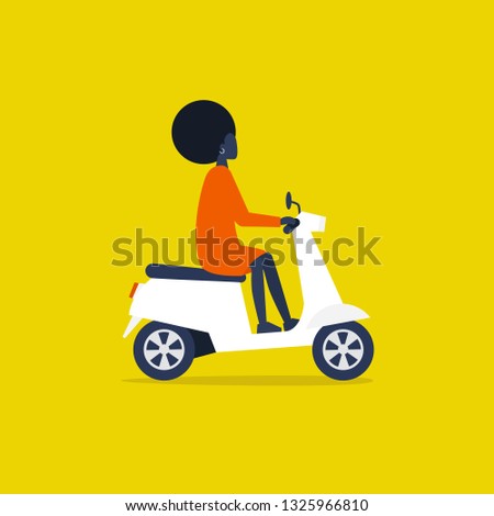 Young black female male character driving a motor scooter. Urban transportation. Vehicle. Flat editable vector illustration, clip art
