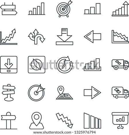 Thin Line Icon Set - signpost vector, right arrow, left, growth statistic, crisis graph, route, navigation, sorting, download, compass, bar, moving, target, clock, presentation