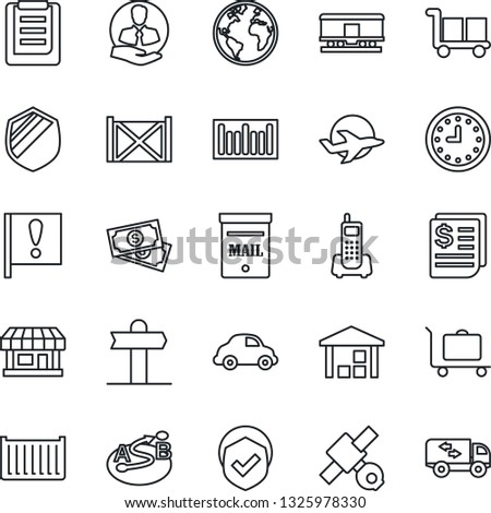 Thin Line Icon Set - baggage trolley vector, signpost, earth, important flag, store, plane, satellite, cash, office phone, client, cargo container, car delivery, clock, receipt, clipboard, warehouse