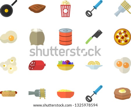 Color flat icon set teflon flat vector, whisk, knives, flour, sausage, canned food, spaghetti on a fork, hot dog, pizza, salad, porridge, chop, popcorn, scrambled eggs, pancakes